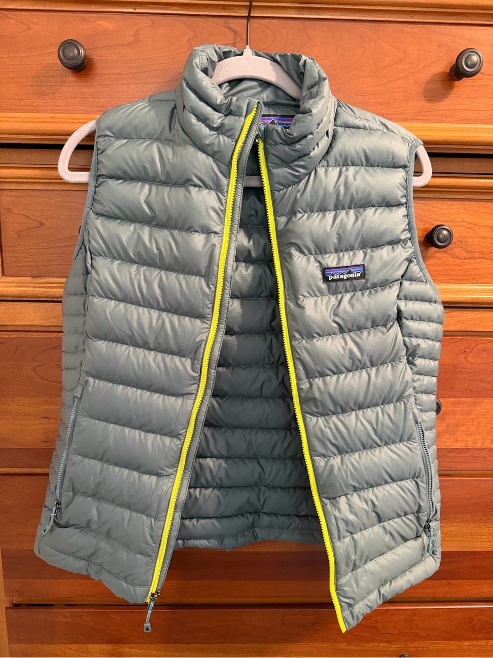 Patagonia Quilted Vest in Sage Green with Neon Yellow Trim